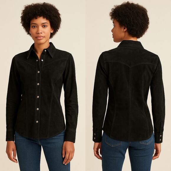 Eddie Bauer Tops - Eddie Bauer Seattle Suede Black Button-Up Shirt XS 100% Leather Washable